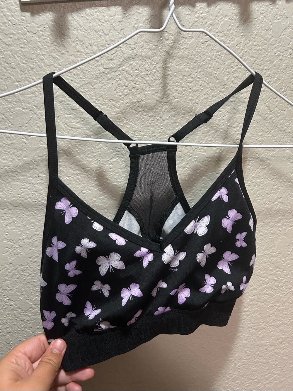 PINK Victoria's Secret Black Bralette with Lilac Butterfly Print